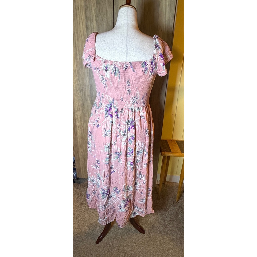 K298. Cottagecore Boho Smocked Midi Dress Button Front High Low Tulip Hem - Picture 5 of 6